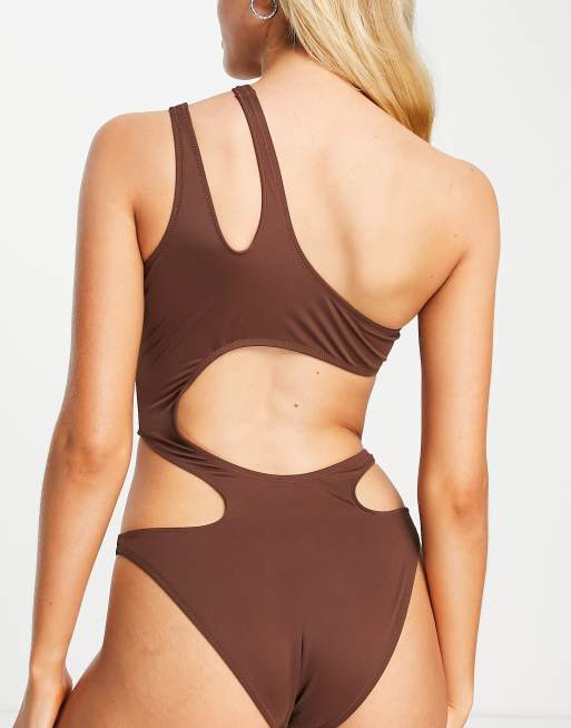 Weekday Ocean cut out swimsuit in brown ASOS