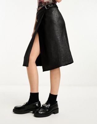 Weekday Oda faux leather midi skirt with belt and hardware details in black