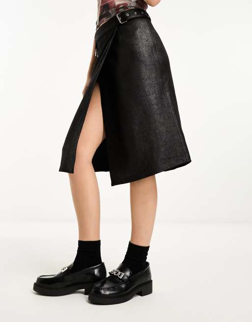 Weekday Oda faux leather midi skirt with belt and hardware details