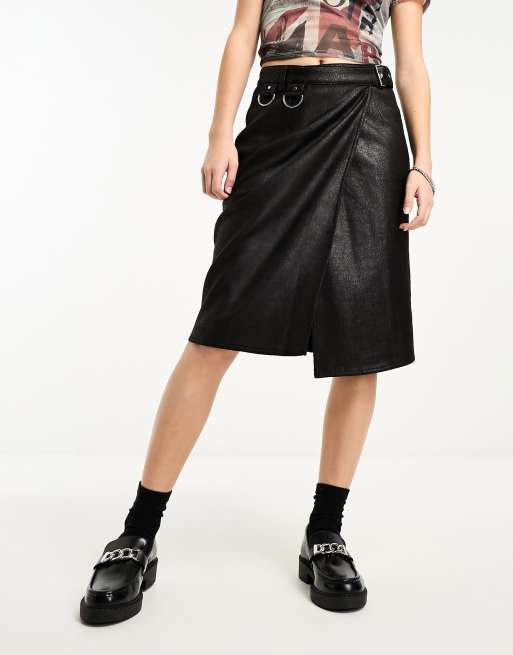 Weekday Oda faux leather midi skirt with belt and hardware details in black ASOS