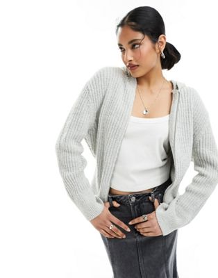 Weekday Ofelia zip through knitted cardigan hoodie in light grey - ASOS Price Checker