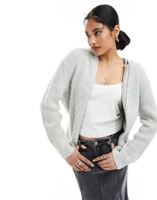 Weekday Ofelia zip up knit cardigan hoodie in light gray