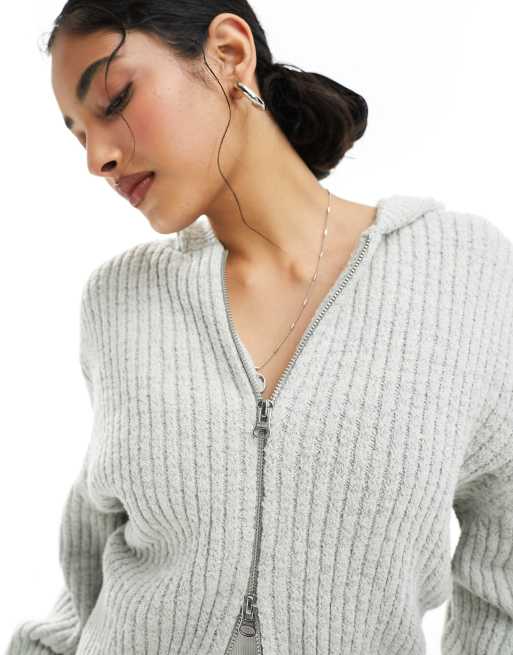 Weekday Ofelia zip up knit cardigan hoodie in light gray, 2 of 4