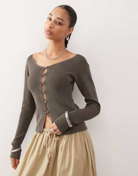 Weekday off shoulder cardigan in brown - view 1