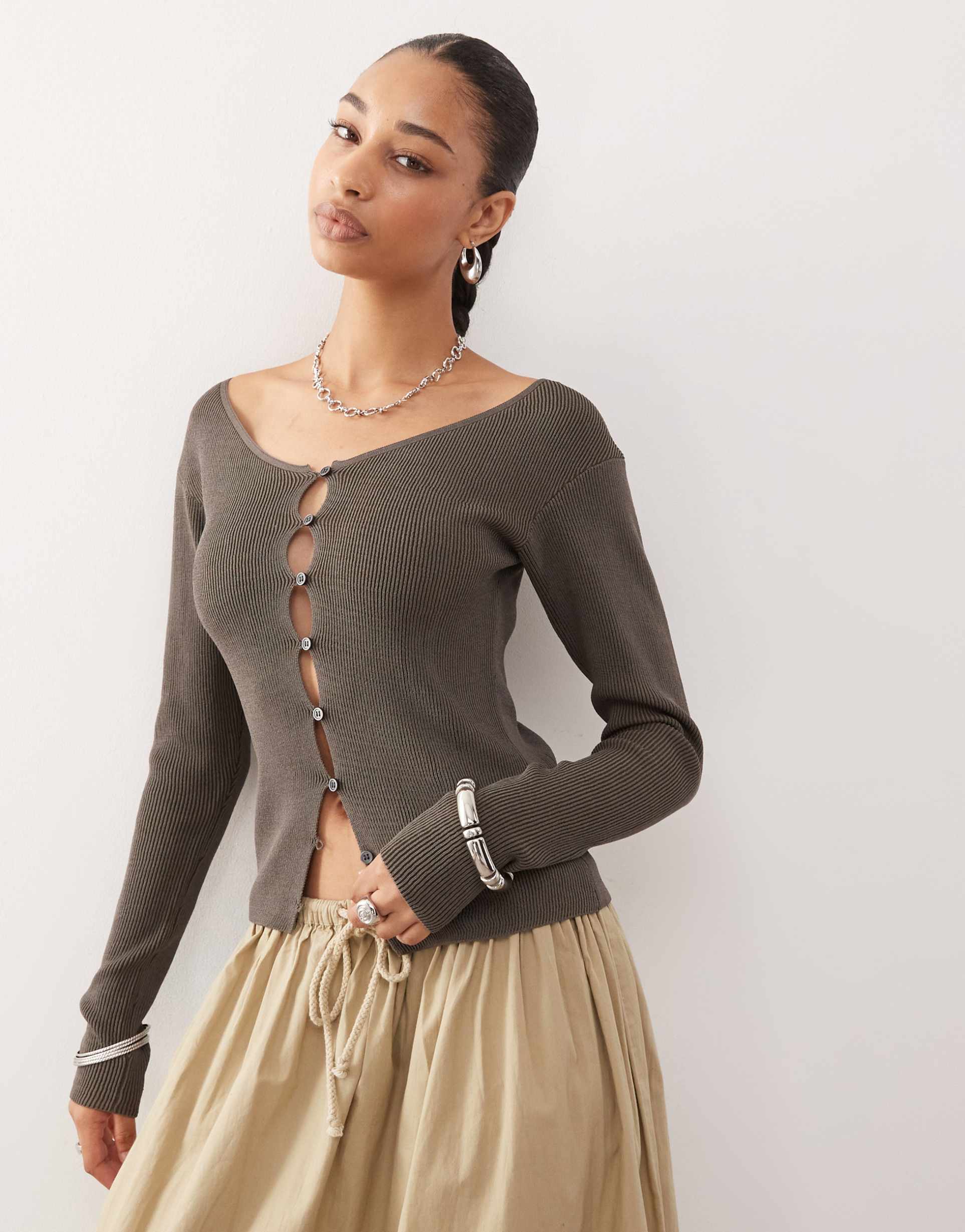 weekday off shoulder cardigan in brown