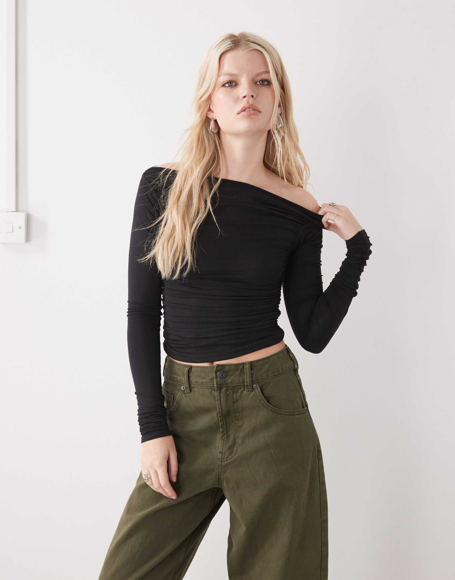 weekday off shoulder long sleeve top in black