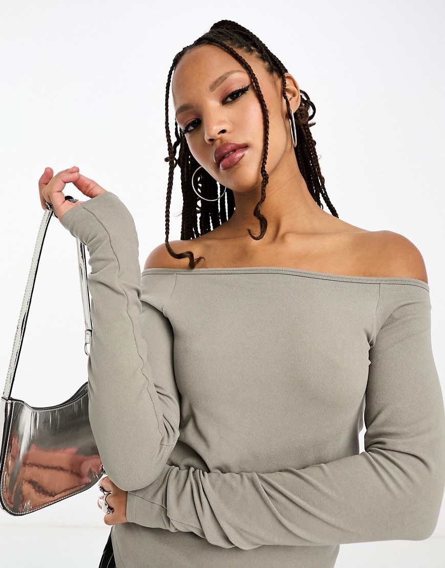 Weekday off-shoulder long sleeve top in mole-Neutral
