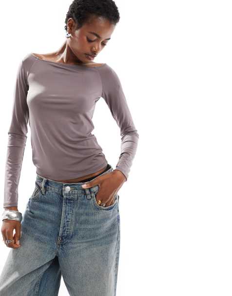Weekday off-shoulder long sleeve top in mole - view 1