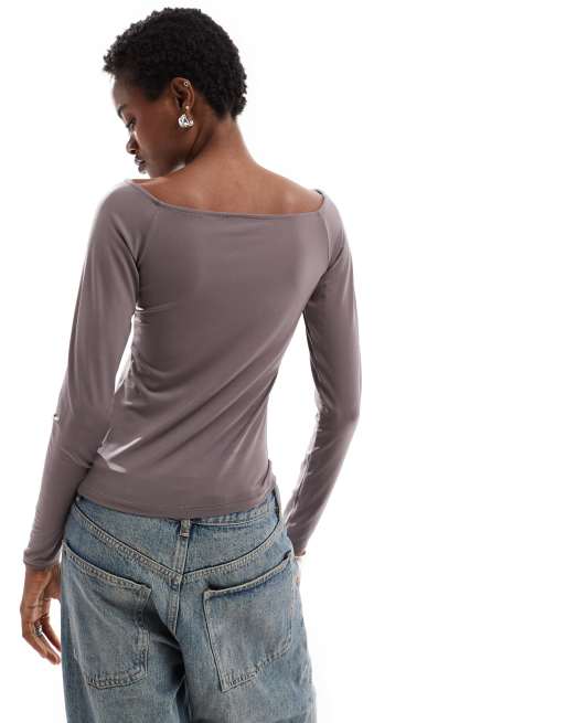 Weekday off-shoulder long sleeve top in mole