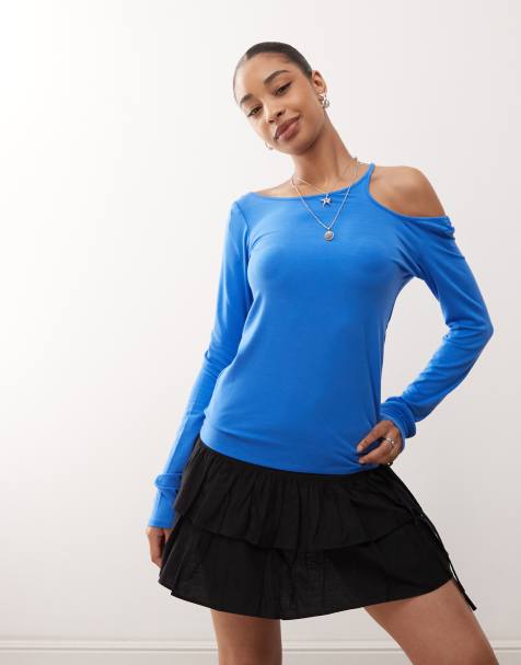 Weekday off-shoulder long sleeve top with cut-out detail in royal blue - view 1