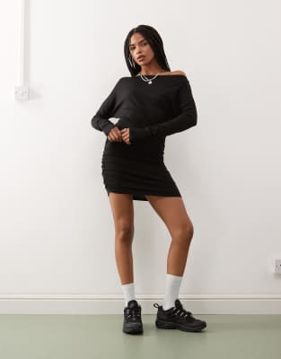 off the shoulder long sleeve mini dress in black
