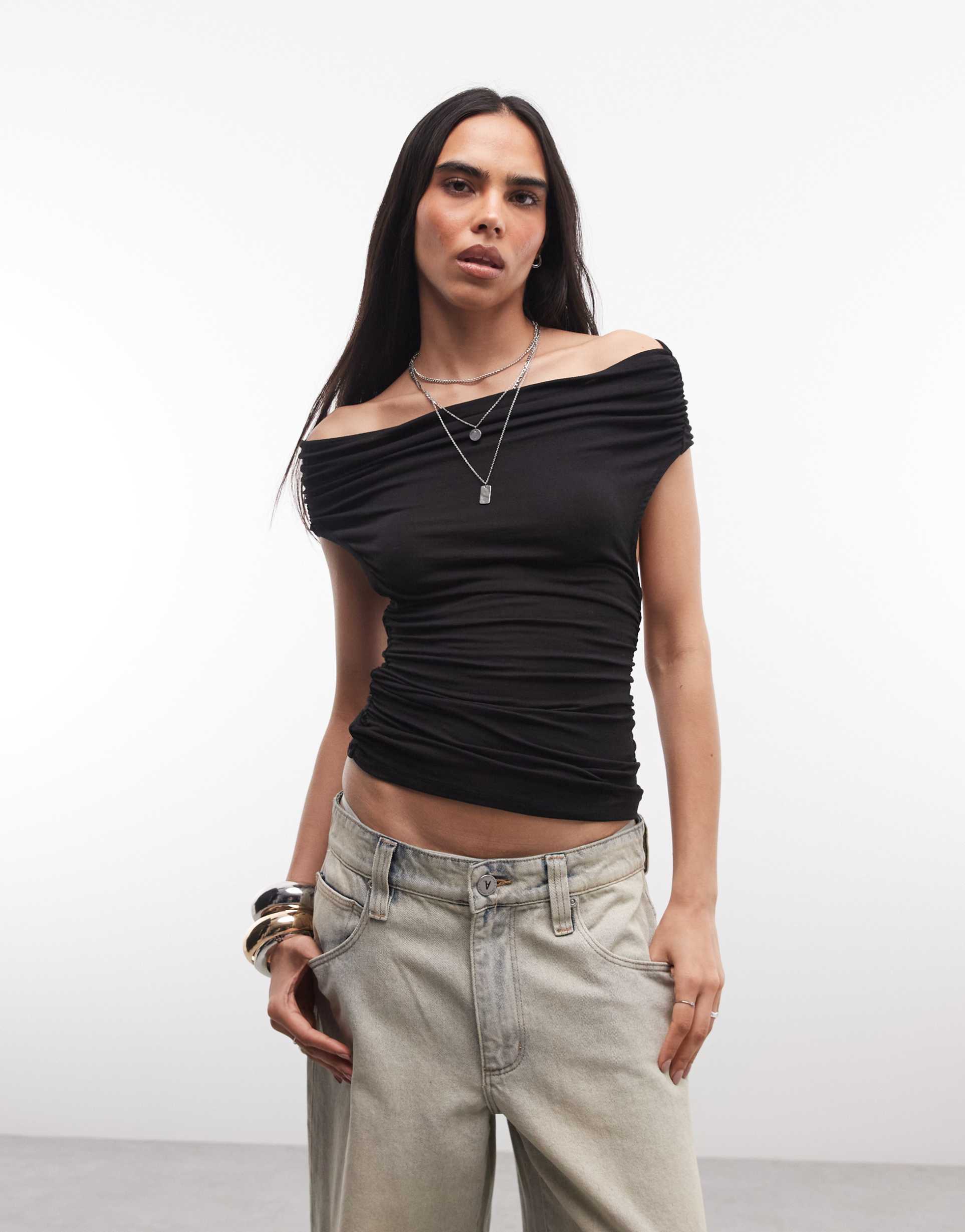 weekday off the shoulder top with open back in black