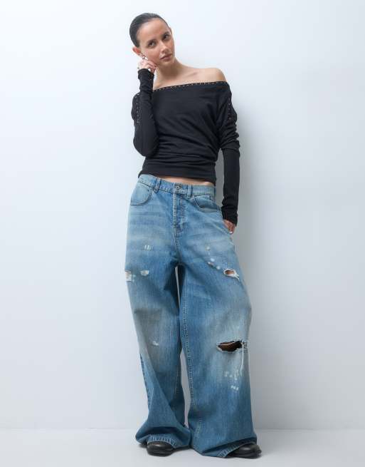Weekday offshoulder løstsiddende langærmet top med nitter i sort, 3 af 5
