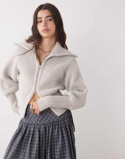 Weekday - Offwhite cardigan i ribstrik med lynlås - view 1