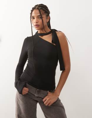 Weekday One Shoulder Halter Neck Long Sleeve Top In Black