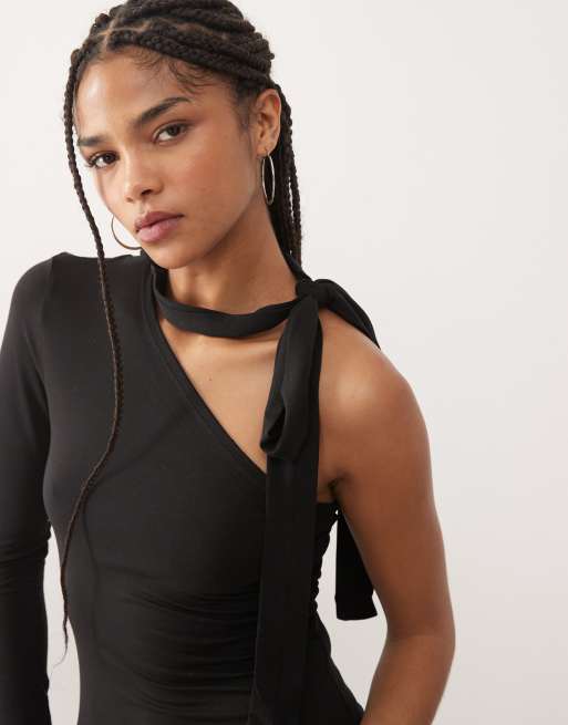 Weekday one shoulder halter neck long sleeve top in black | ASOS