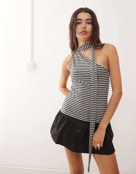 Weekday one shoulder halter top in off-black & grey stripe exclusive to ASOS - view 1