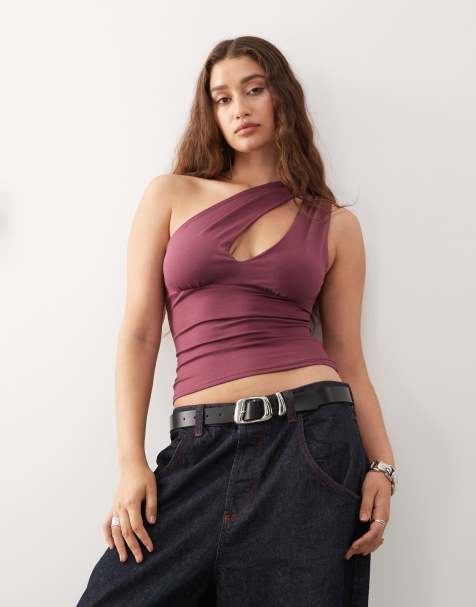 Weekday one shoulder top with slash detail in burgundy - exclusive to ASOS - view 1