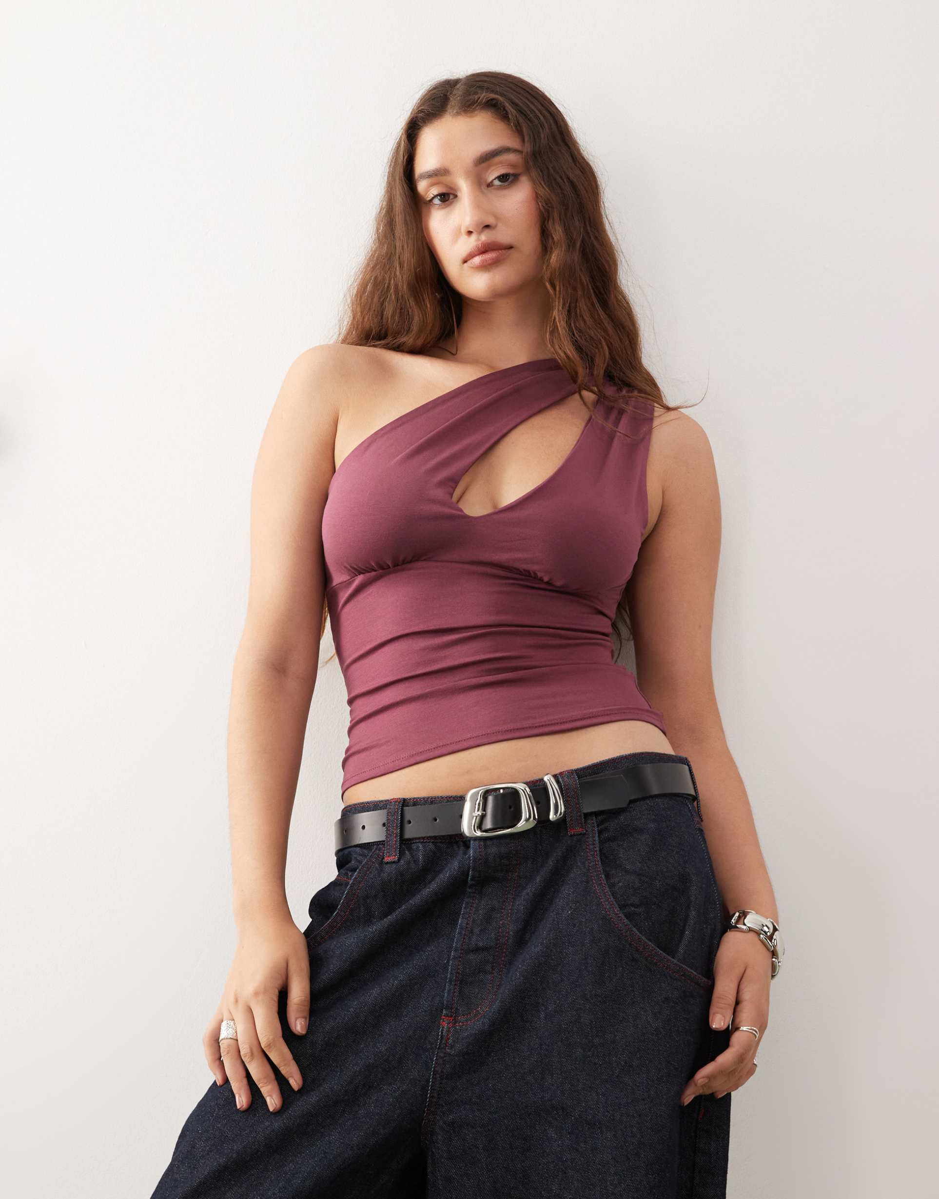 weekday one shoulder top with slash detail in burgundy - exclusive to asos