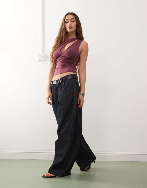 Weekday one shoulder top with slash detail in burgundy exclusive