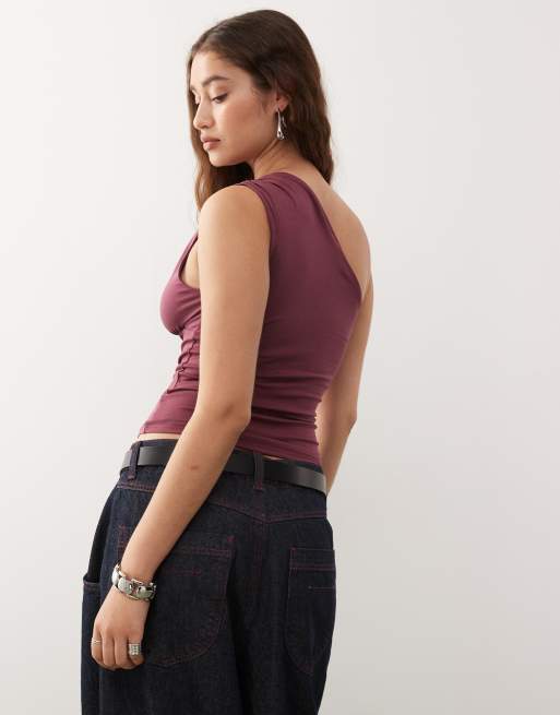 Weekday one shoulder top with slash detail in burgundy exclusive