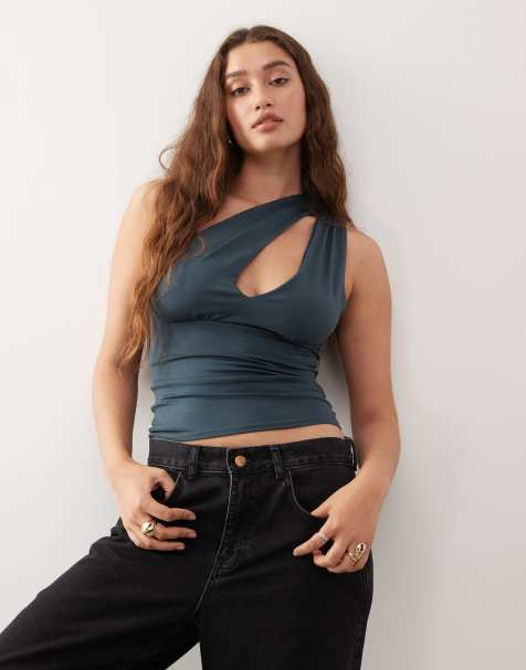 Weekday one shoulder top with slash detail in dark gray - view 1