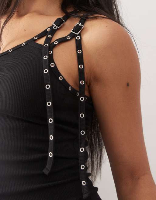 Weekday one shoulder top with strappy eyelet detal in black, 3 of 4