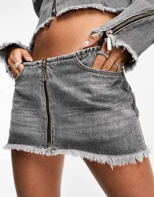 Black Coated Denim Low Rise Mini Skirt, Denim