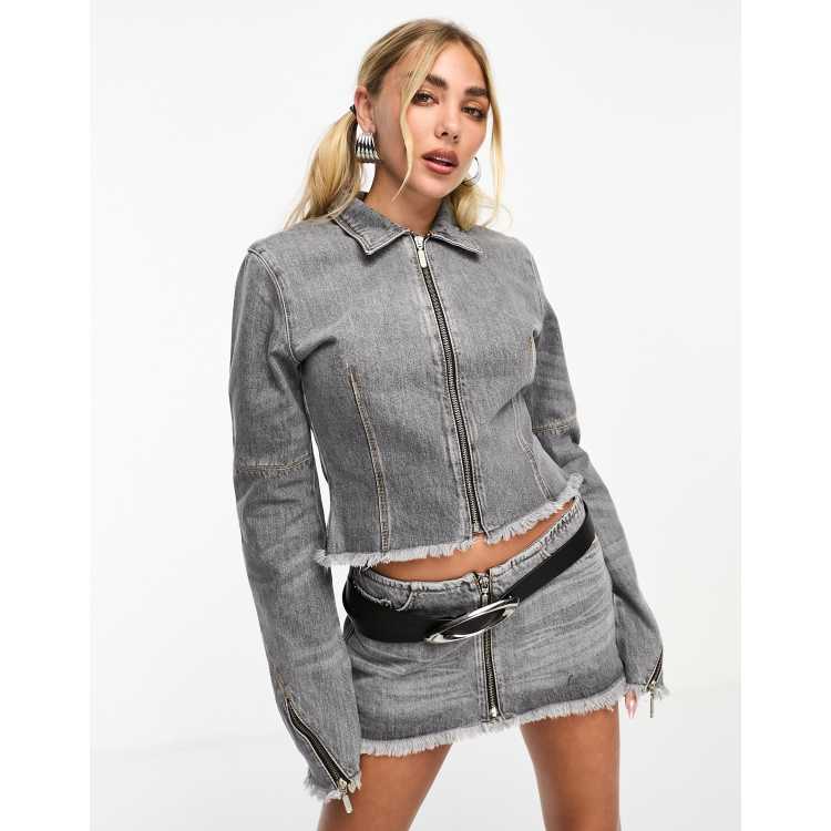 Weekday Ontario zip up denim jacket in eleven gray wash