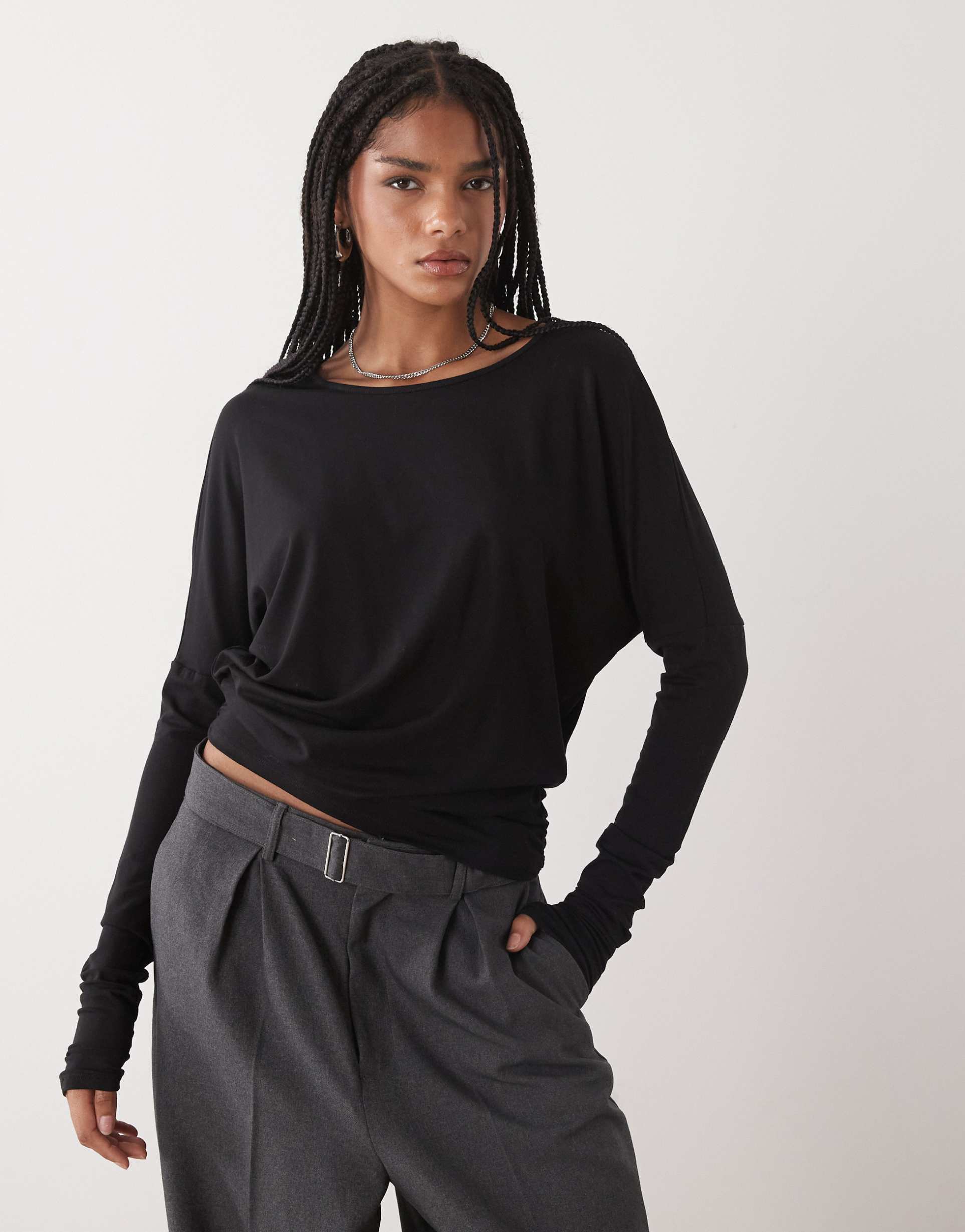 weekday open back long sleeve top in black