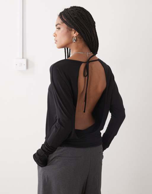 Weekday open back long sleeve top in black