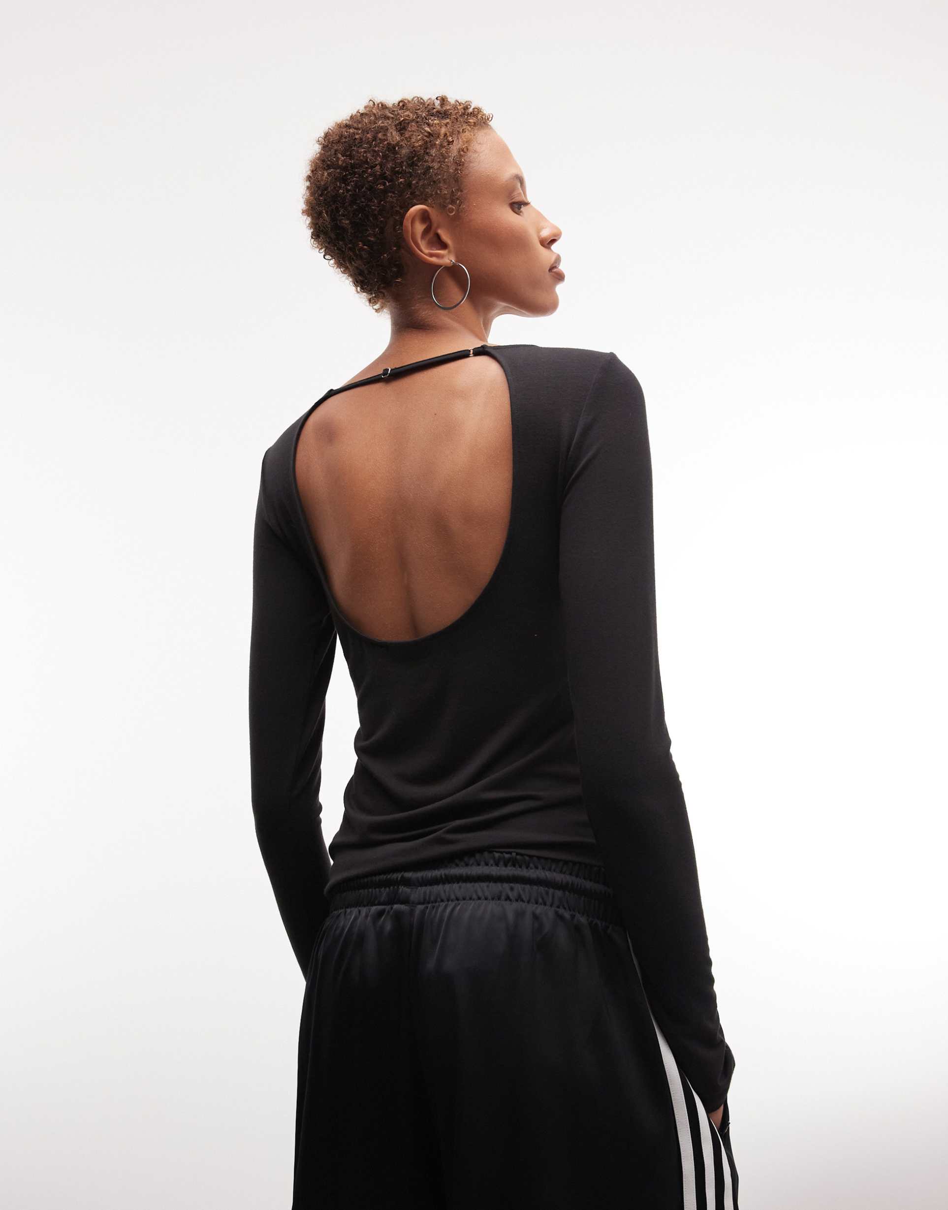weekday open back long sleeve top in black