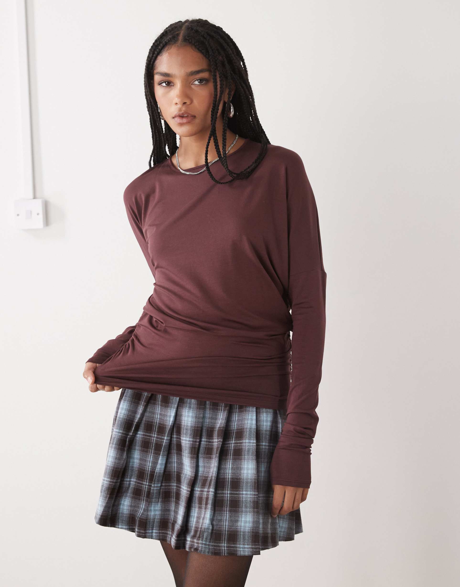 weekday open back long sleeve top in burgundy