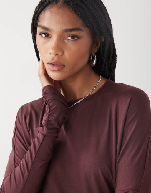 Weekday open back long sleeve top in burgundy, 2 of 4