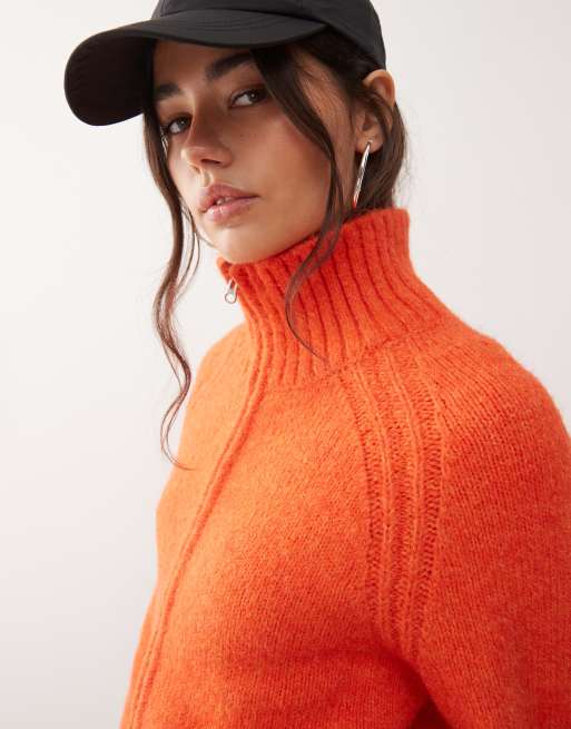 Weekday - Orangemeleret cardigan med lynlås i vamset strik af uldblandingsmateriale, 3 af 4