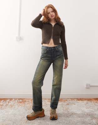 Weekday - Orbit - Gerade geschnittene Jeans mit mittelhohem Bund und dunkelblauer Used-Waschung