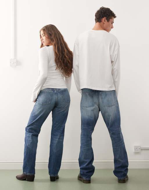 Weekday Orbit Unisex mid waist straight leg jeans in dark blue wash, 2 of 5