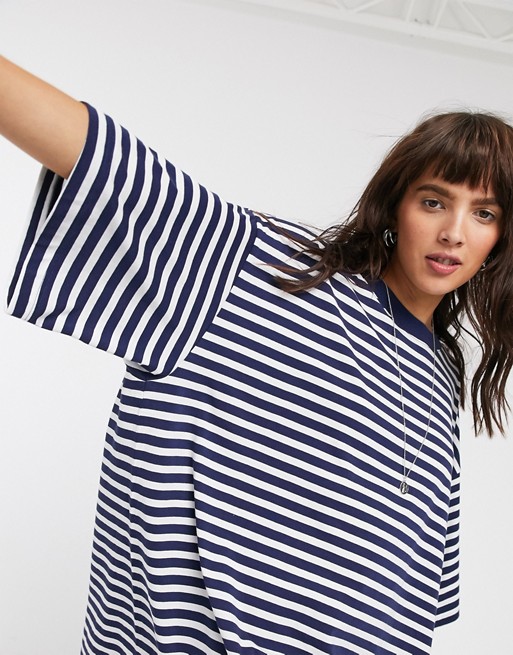 Weekday organic cotton oversized t-shirt dress in blue and white stripe