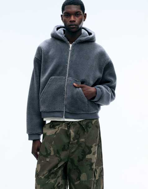 Weekday Oversize-Borgfleece-Kapuzenjacke mit Stehkragen und Reißverschluss in Dunkelgrau - view 1
