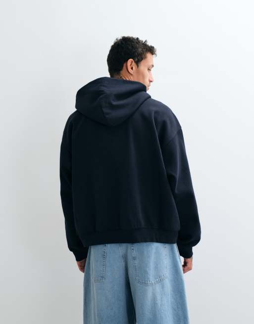 Weekday oversize huvtröja med dragkedja och Broken Beats-broderi i marinblått, 3 av 5