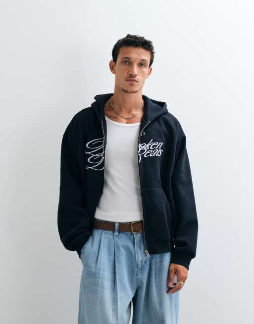 Weekday oversize huvtröja med dragkedja och Broken Beats-broderi i marinblått, 5 av 5