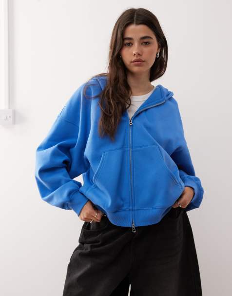 Weekday – Oversize-Kapuzenjacke in Blau aus schwerem Jersey mit Reißverschluss - view 1