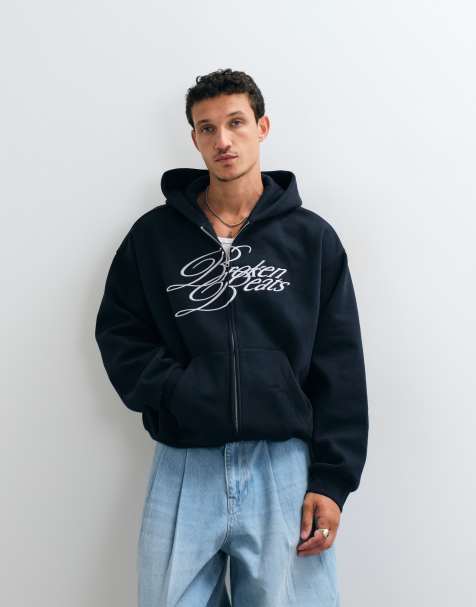 Weekday Oversize-Kapuzenpullover mit Reißverschluss und Broken Beats-Stickerei in Marineblau - view 1