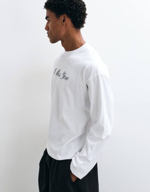 Weekday Oversize Langarm-T-Shirt mit I miss you-Print in Weiß, 3 von 5