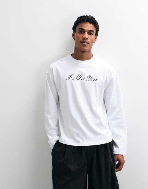 Weekday Oversize Langarm-T-Shirt mit I miss you-Print in Weiß, 5 von 5