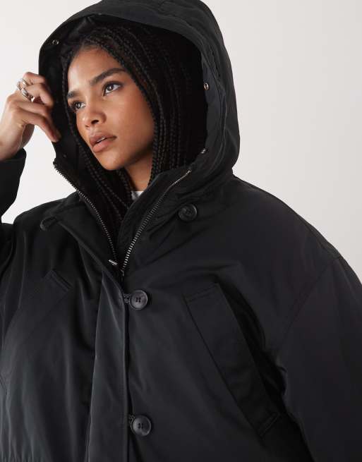 Weekday – Oversize-Parkamantel in Schwarz mit abnehmbarem Kunstpelz-Detail, 2 von 4