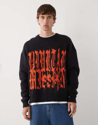 Oversize-Pullover in Schwarz mit roter Grafik und Jacquard-Detail Schwarz XS