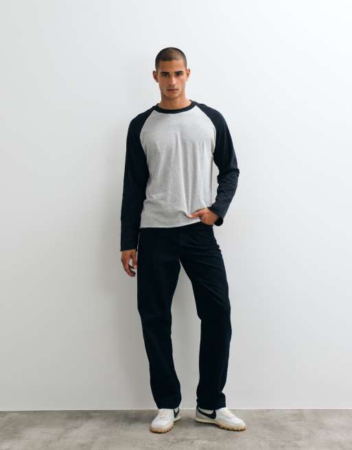 Weekday Oversize-Raglan-T-Shirt mit langen Ärmeln aus Slub-Gewebe in Grau und Marineblau, 3 von 5