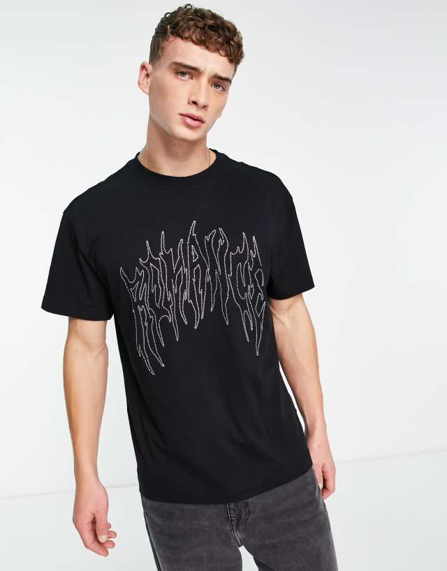 Weekday Oversize romance graphic tee in black with rhinestones