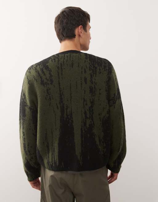 Weekday – Oversize-Strickjacke aus Wollmix mit Jacquardmuster in Schwarz und Khaki, 3 von 5